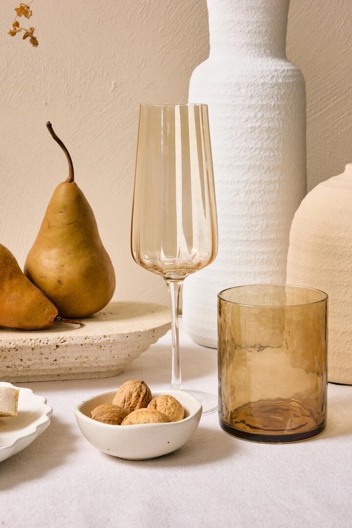 Image of Kitchen & Dining. Product name - Ripple Light Amber Champagne Flute in Champagne colour by brand - Willow & Mae