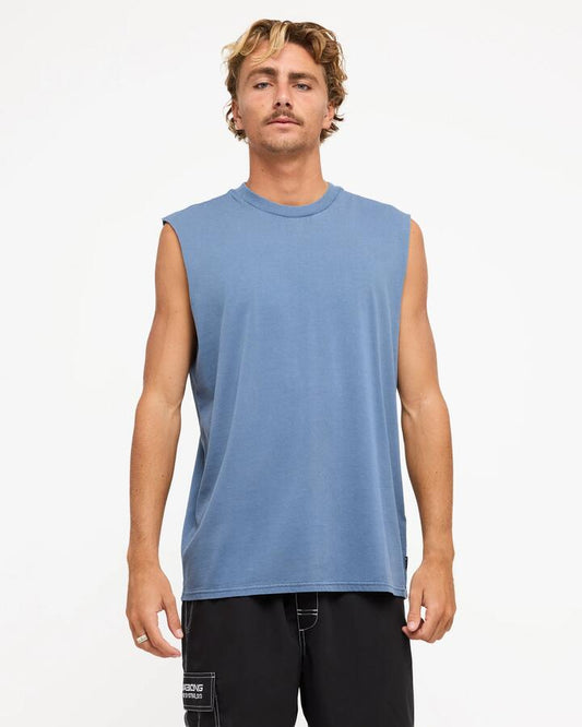 Image of a model wearing Tops. Product name - Billabong Mens Premium Wave Wash Muscle Top North Sea in North Sea colour by brand - Billabong