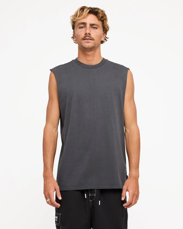 Image of a model wearing Tops. Product name - Surf Dive 'n Ski Mens Premium Wave Wash Muscle Washed Black in Washed Black colour by brand - Surf Dive 'n Ski