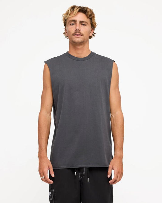 Image of a model wearing Tops. Product name - Billabong Mens Premium Wave Wash Muscle Top Washed Black in Washed Black colour by brand - Billabong