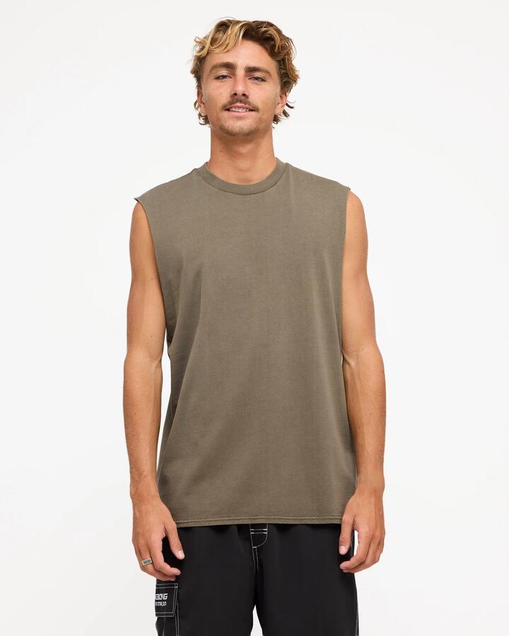 Image of a model wearing Tops. Product name - Surf Dive 'n Ski Mens Premium Wave Wash Muscle Army in Army colour by brand - Surf Dive 'n Ski