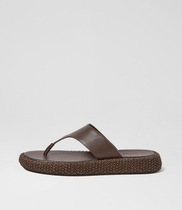 Image of Sandals. Product name - Atori Choc Leather Woven Thongs in Choc colour by brand - MOLLINI