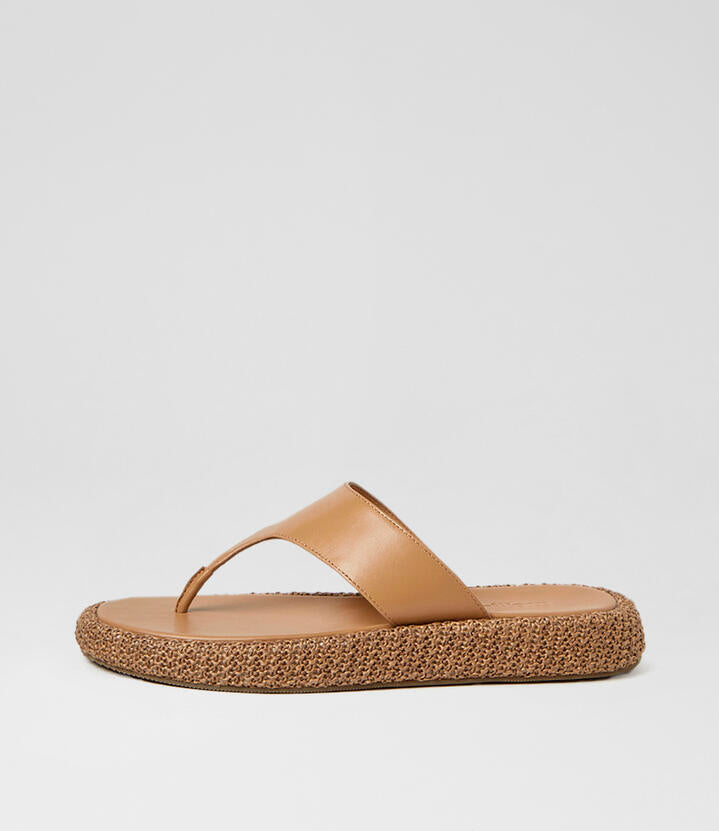 Image of Sandals. Product name - Atori Toffee Leather Woven Thongs in Toffee colour by brand - MOLLINI