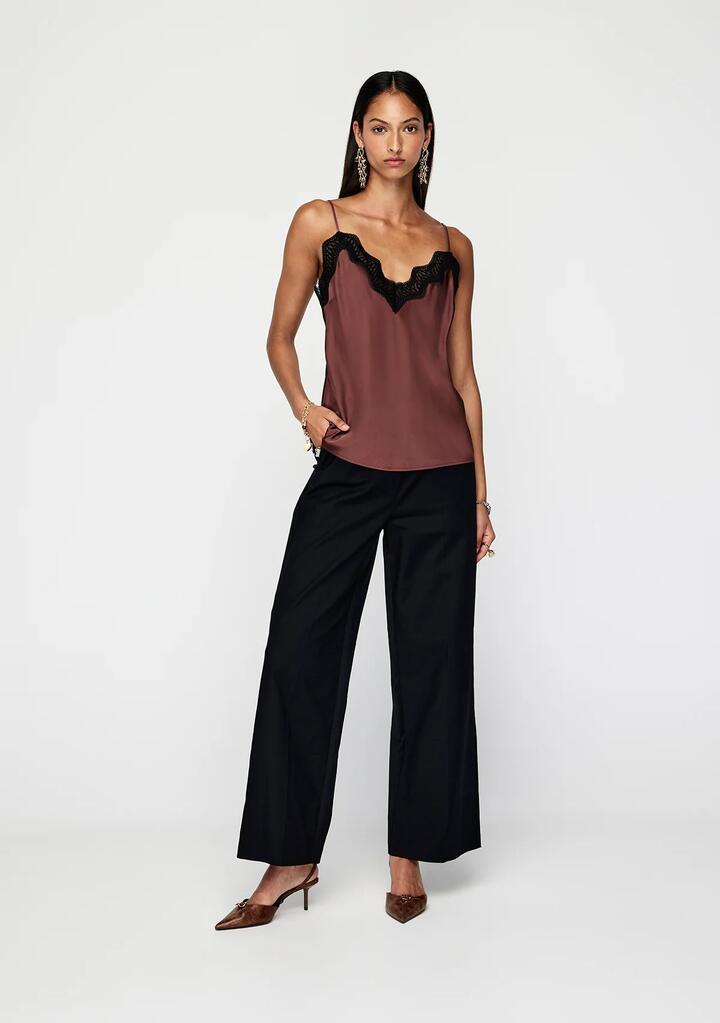 Image of a model wearing Tops. Productname: Suri Cami Top | MOS The Label in Chocolate colour by brand - MOS The Label