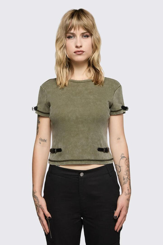 Image of a model wearing Tops. Product name - Consume Ribbed Jersey Tee in Olive colour by brand - Black Friday