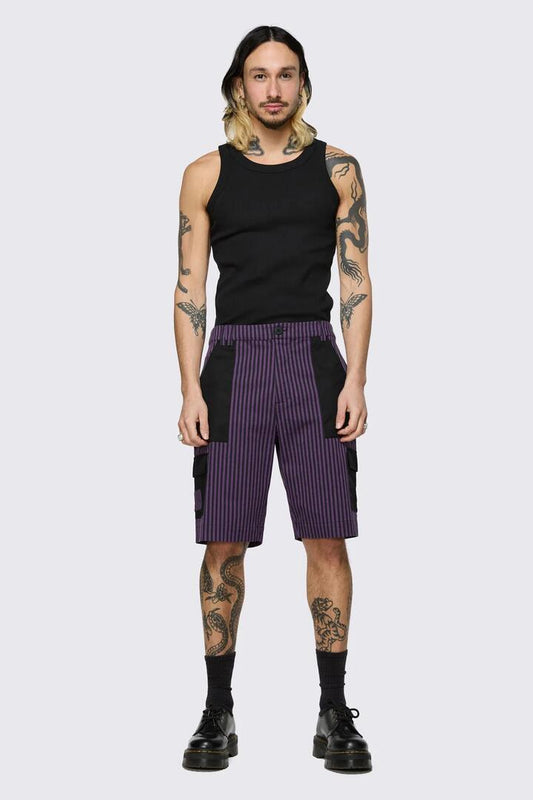 Image of a model wearing Shorts. Product name - Spectre Pinstripe Shorts in Purple colour by brand - Dangerfield