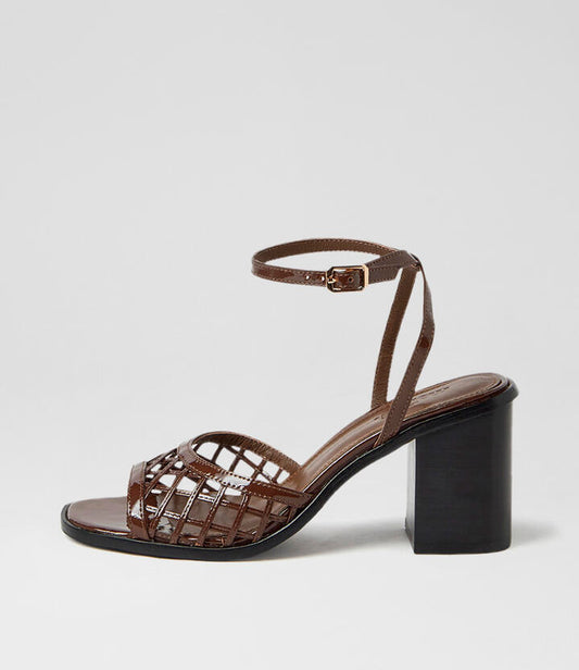 Image of Sandals. Product name - Naede Choc Black Patent Leather Sandals in Choc-Black Heel colour by brand - MOLLINI