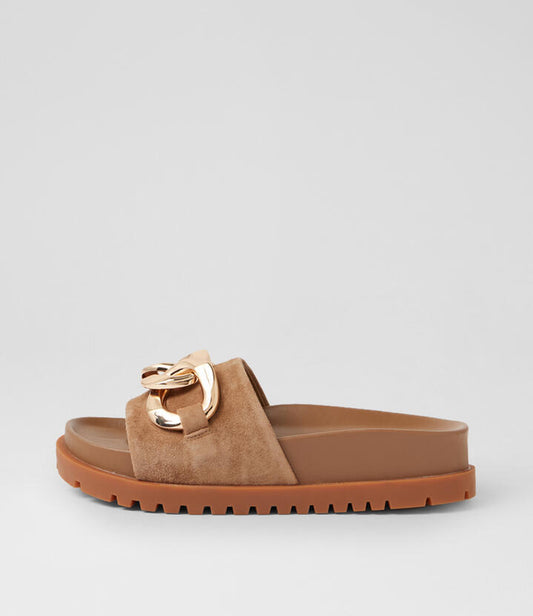 Image of Slippers. Product name - Uno Light Choc Tan Suede Slides in Lt Choc-Tan Sole colour by brand - MIDAS