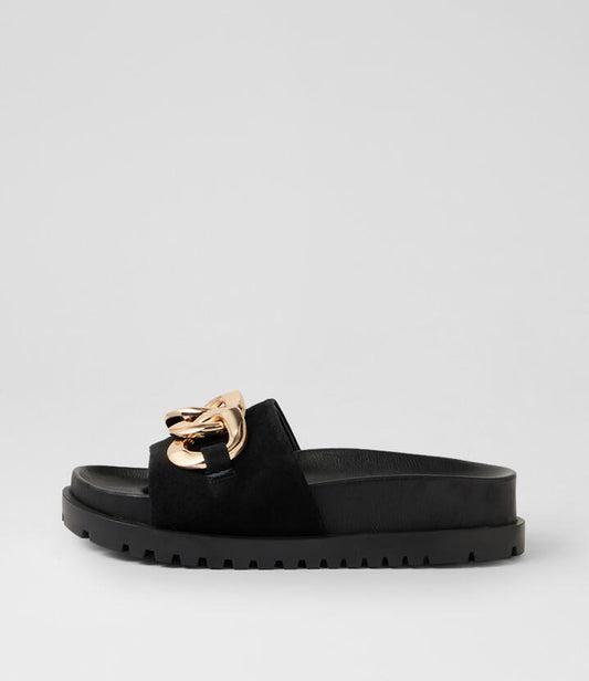 Image of Slippers. Product name - Uno Black Suede Slides in Black-Black Sole colour by brand - MIDAS