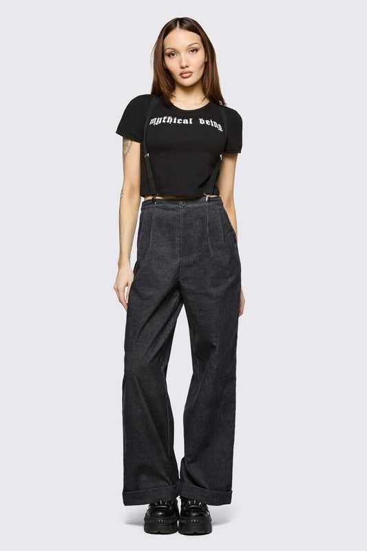 Image of a model wearing Pants. Product name - Mythical Goth Pant in Grey colour by brand - Black Friday