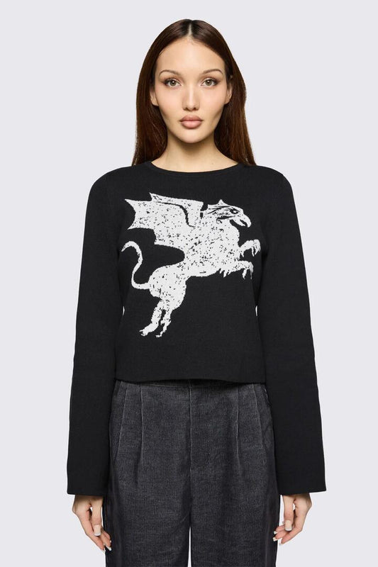 Image of a model wearing Tops. Product name - Mythical Goth Knit in Black colour by brand - Black Friday