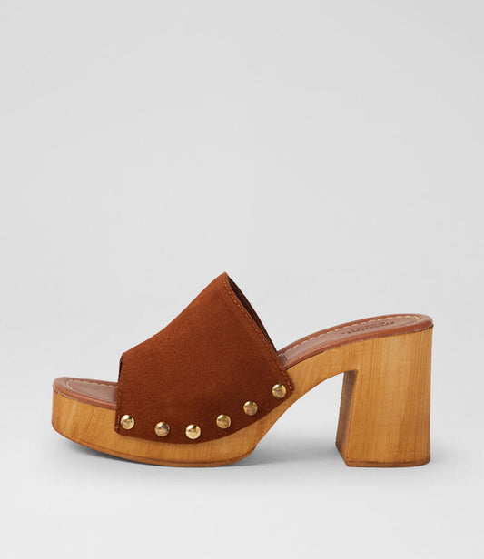 Image of Heels. Product name - Harmoni Brown Suede Platform Sandals in Brown colour by brand - MOLLINI