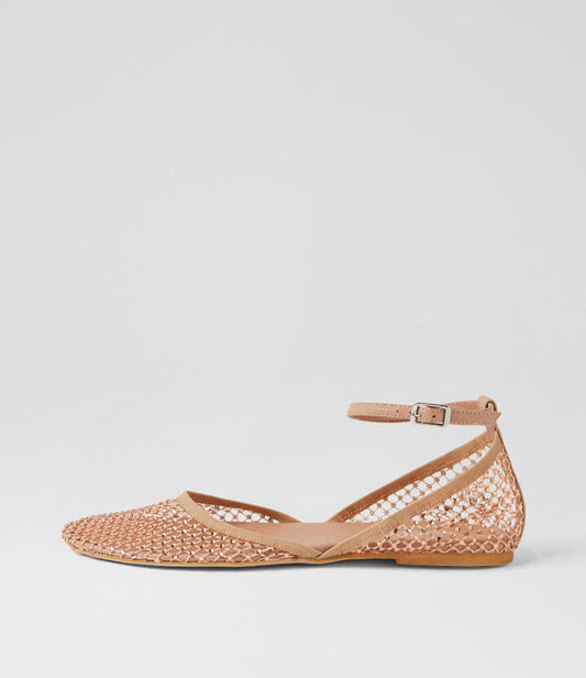 Image of Flats. Product name - Ashella Nude Jewel Mesh Leather Flat Shoes in Nude-Jewel colour by brand - MOLLINI