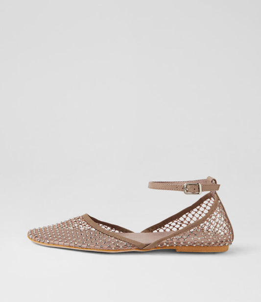 Image of Flats. Product name - Ashella Taupe Jewel Mesh Leather Flat Shoes in Taupe-Jewel colour by brand - MOLLINI