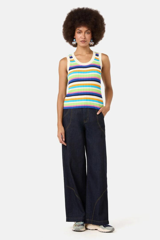 Image of a model wearing Tops. Product name - Sanctuary Stripe Knit Tank in Multi colour by brand - Gorman