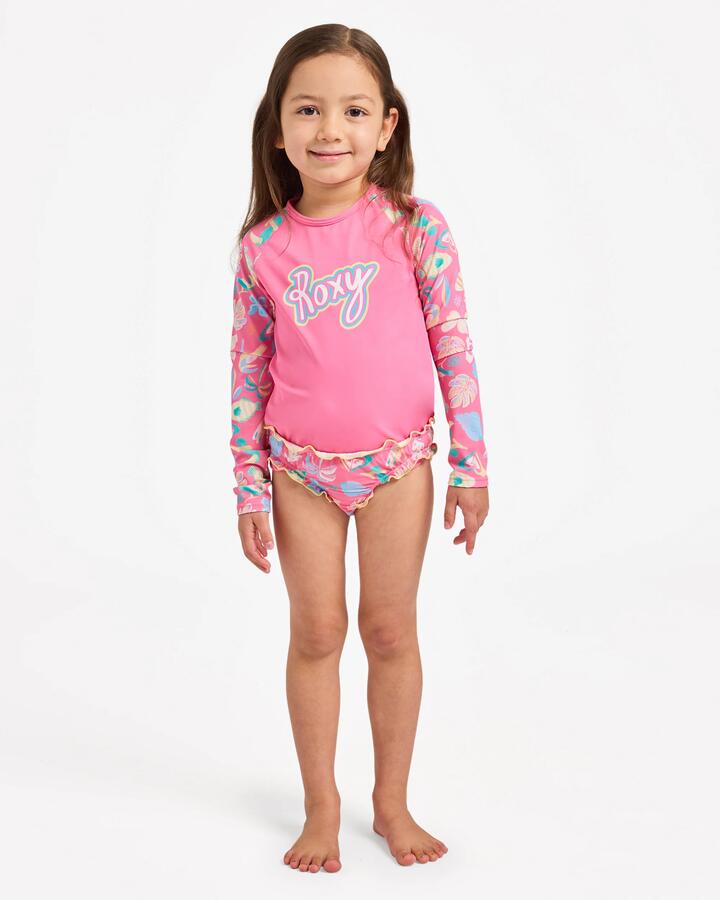 Image of a model wearing Tops. Product name - Surf Dive 'n Ski Girls 2-7 Ocean Lover Long Sleeve Rashguard Two Piece Pink Carnation in Pink Carnation colour by brand - Surf Dive 'n Ski