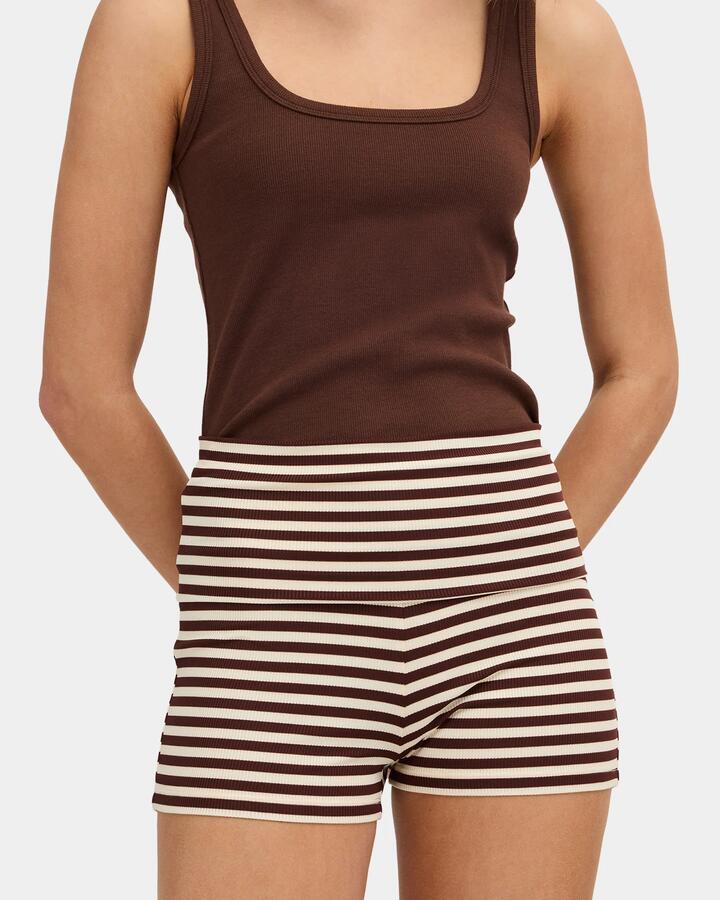 Image of a model wearing Shorts. Product name - Nunui Womens Jarrah Stripe Elastic Waist Shorts Chocolate in Chocolate colour by brand - Nunui