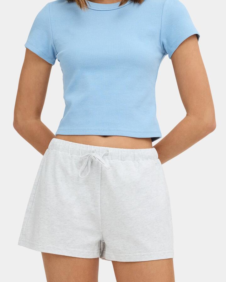 Image of a model wearing Shorts. Product name - Nunui Womens Freya Elastic Waist Shorts Grey Marle in Grey Marle colour by brand - Nunui