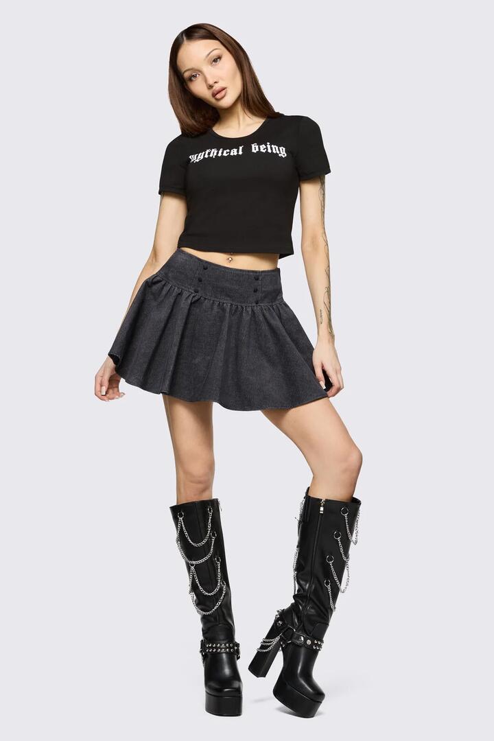 Image of a model wearing Skirts. Product name - Mythical Goth Skort in Grey colour by brand - Black Friday