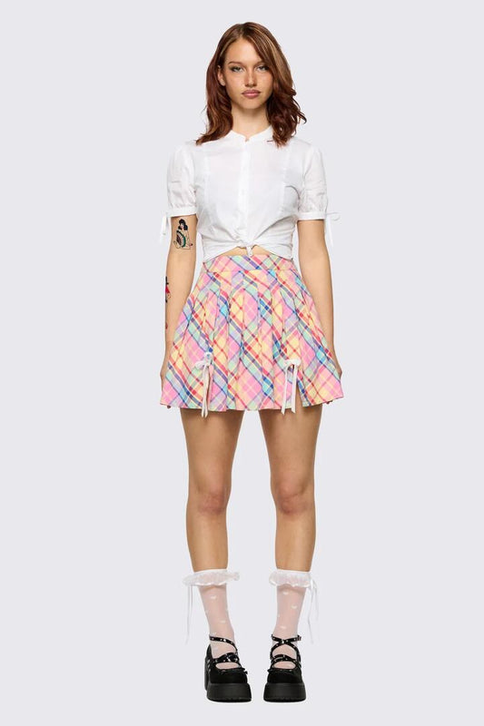 Image of a model wearing Skirts. Product name - Sweetpea Tartan Skirt in Rainbow colour by brand - Dangerfield