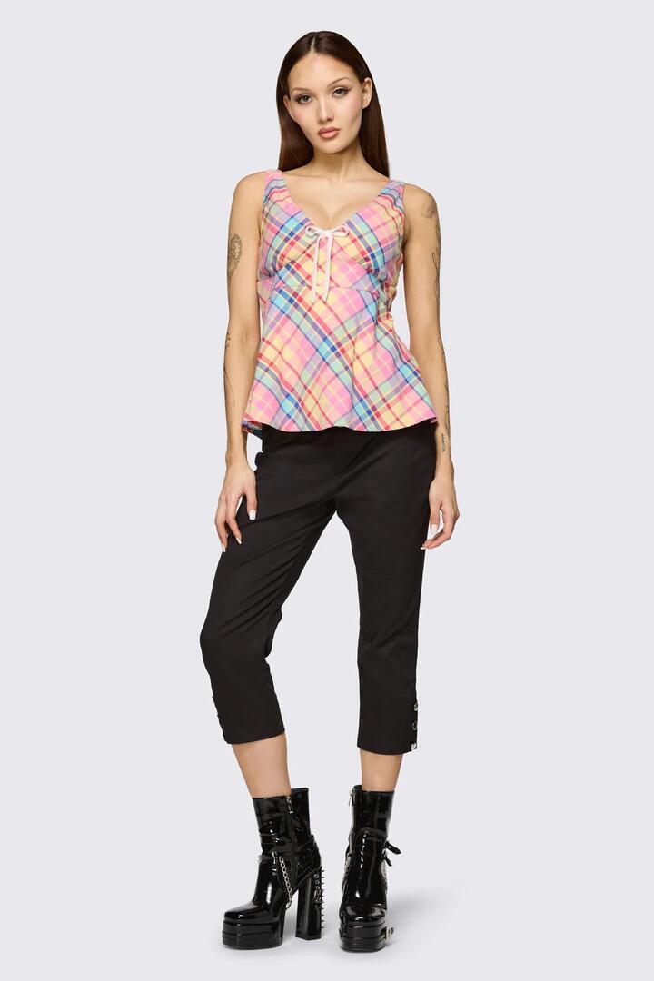 Image of a model wearing Tops. Product name - Sweetpea Tartan Top in Rainbow colour by brand - Dangerfield