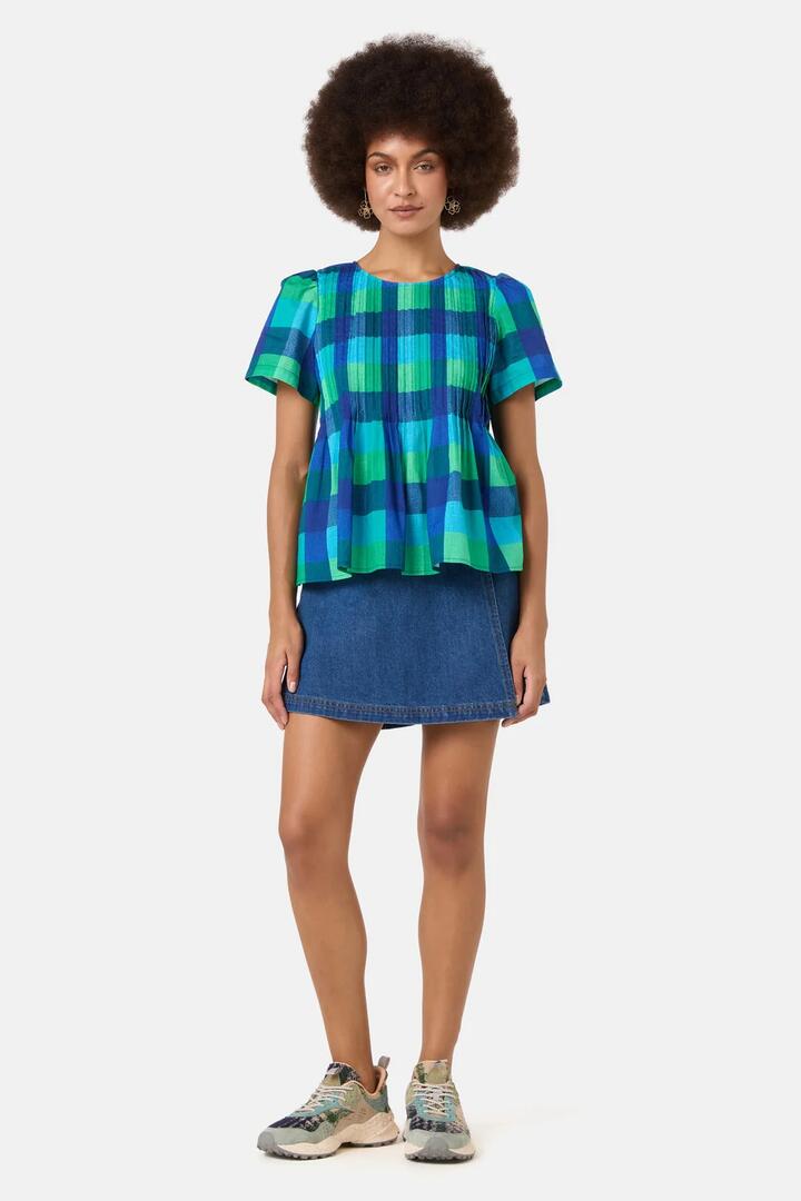 Image of a model wearing Tops. Product name - Petal Patch Check Top in Check colour by brand - Gorman