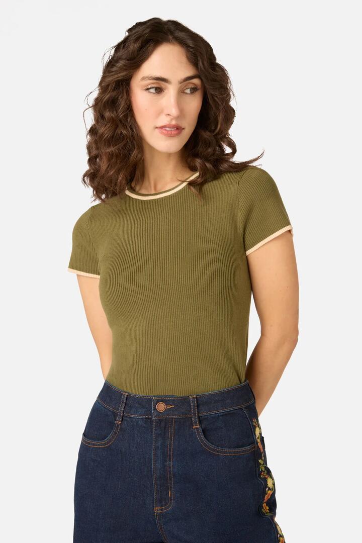 Image of a model wearing Tops. Product name - Gigi Short Sleeve Knit Top in Green colour by brand - Princess Highway