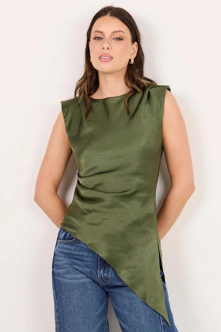 Image of a model wearing Tops. Product name - Platform Olive Satin Asymmetric Bias Top in Olive colour by brand - Georgia Zoe