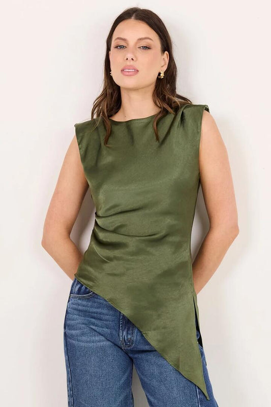 Image of a model wearing Tops. Product name - Platform Olive Satin Asymmetric Bias Top in Olive colour by brand - Georgia Zoe