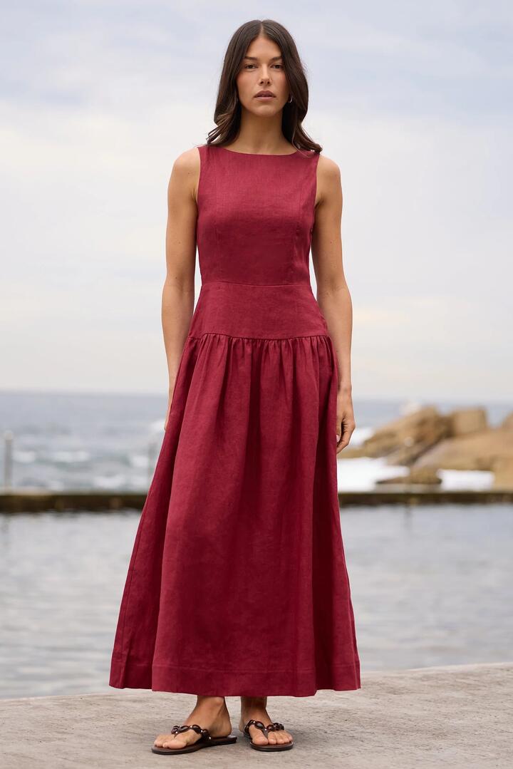 Image of Dresses. Product name - Results Wine Linen Structured Sleeveless Maxi Dress in Wine colour by brand - Stories be Told