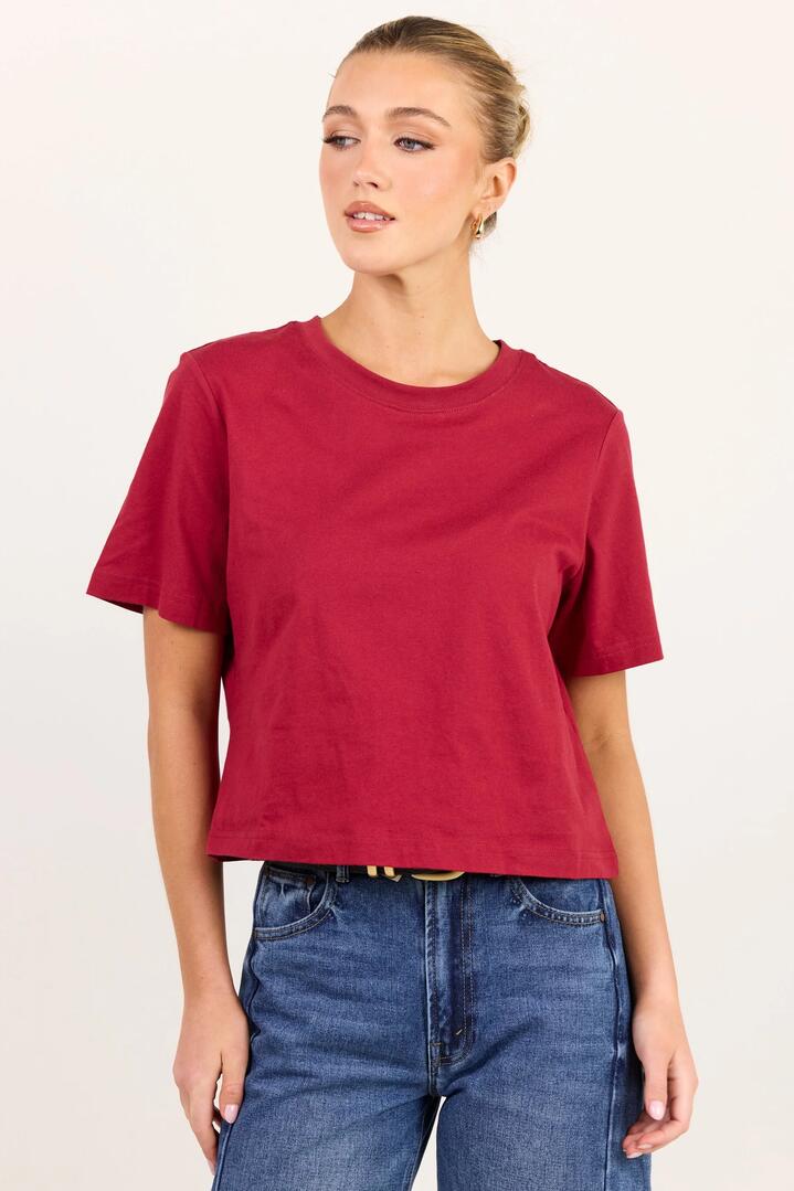 Image of a model wearing Tops. Product name - Suburb Red Boxy Crop Tee in Red colour by brand - Among the Brave