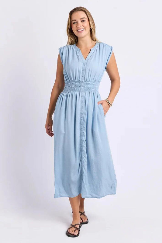 Image of Dresses. Product name - Bleu Light Blue Button Through Sleeveless Midi Dress in Blue colour by brand - Foxwood