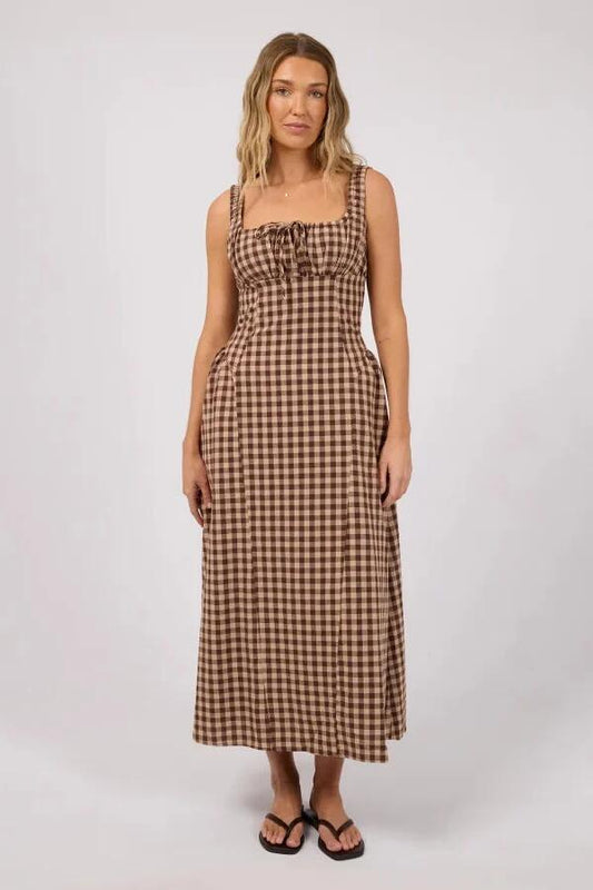 Image of Dresses. Product name - Wynn Brown Gingham Sleeveless Maxi Dress in Brown colour by brand - All About Eve