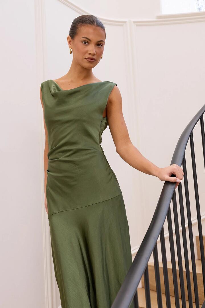 Image of Dresses. Product name - Bountiful Olive Satin Tie Back Bias Slip Maxi Dress in Olive Satin colour by brand - Georgia Zoe