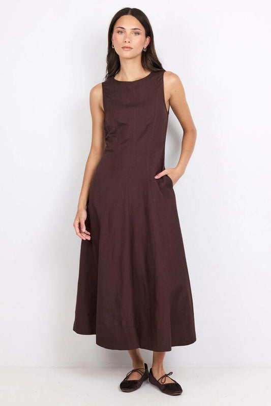 Image of Dresses. Product name - Forum Chocolate Panelled Sleeveless Maxi Dress in Chocolate colour by brand - RE:UNION Label