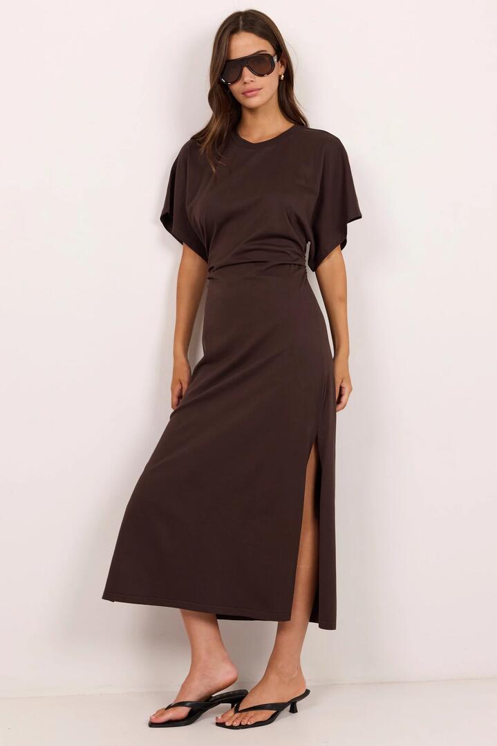 Image of Dresses. Product name - Pulse Chocolate Cotton Gathered Waist Detail Short Sleeve Dress in Chocolate colour by brand - RE:UNION Label