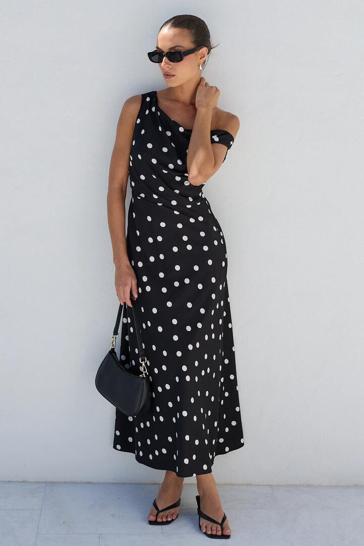 Image of Dresses. Product name - Spotlight Black Polka Dot Off Shoulder Flare Midi Dress in Black Polka Dot colour by brand - Stories be Told