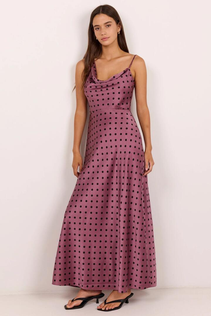 Image of Dresses. Product name - Influence Blush Polka Dot Satin Bias Maxi Dress in Blush Polka Dot colour by brand - Georgia Zoe