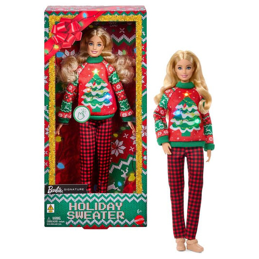 Image of a model wearing Outerwear. Product name - Barbie Holiday Sweater Doll, Collectible Ugly Sweater Doll in Themed Knit Sweater in colour by brand - Barbie Signature