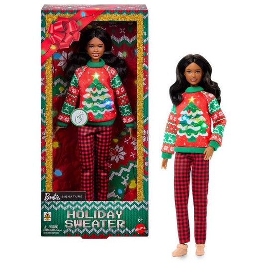Image of Dolls. Product name - Barbie Holiday Sweater Doll, Collectible Ugly Sweater Doll in Themed Knit Sweater in colour by brand - Barbie Signature