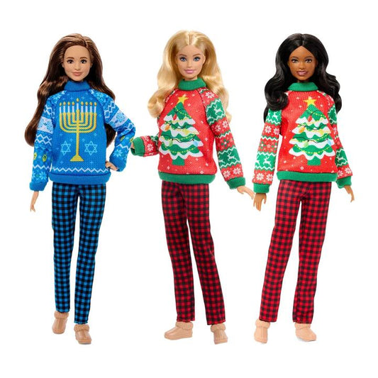 Image of a model wearing Outerwear. Product name - Bundle: Barbie Holiday Sweater 3 Dolls in colour by brand - Barbie Signature
