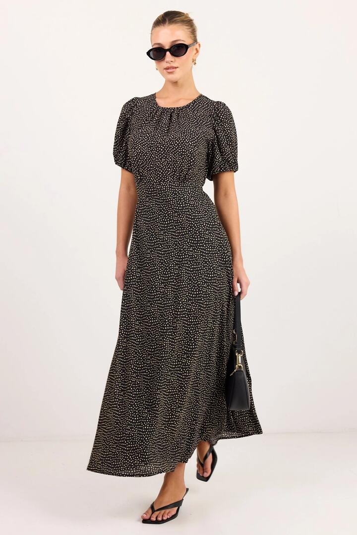 Image of Dresses. Product name - Stage Black Chiffon Polka Dot Puff Sleeve Floaty Maxi Dress in Black Chiffon Polka Dot colour by brand - Stories be Told