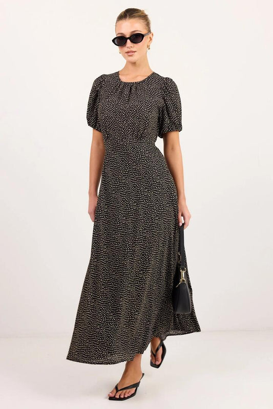 Image of Dresses. Product name - Stage Black Chiffon Polka Dot Puff Sleeve Floaty Maxi Dress in Black Chiffon Polka Dot colour by brand - Stories be Told