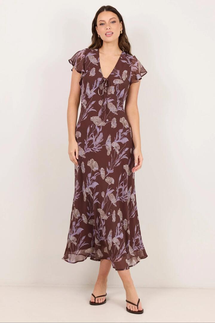 Image of Dresses. Product name - Admiration Chocolate Floral Georgette Flutter Sleeve Maxi Dress in Chocolate Floral colour by brand - Georgia Zoe