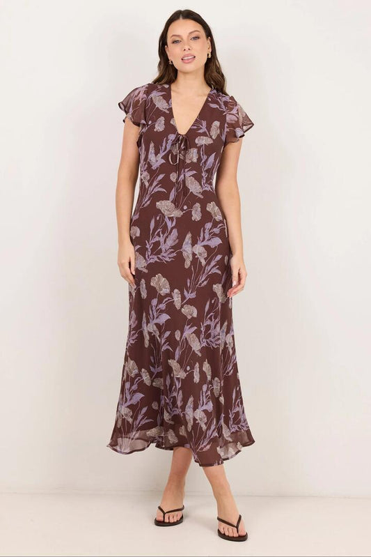 Image of Dresses. Product name - Admiration Chocolate Floral Georgette Flutter Sleeve Maxi Dress in Chocolate Floral colour by brand - Georgia Zoe