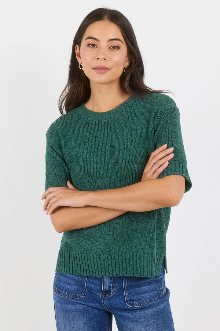 Image of a model wearing Outerwear. Product name - Loveable Petrol Tape Yarn Knit Tee in Petrol colour by brand - By Rosa.