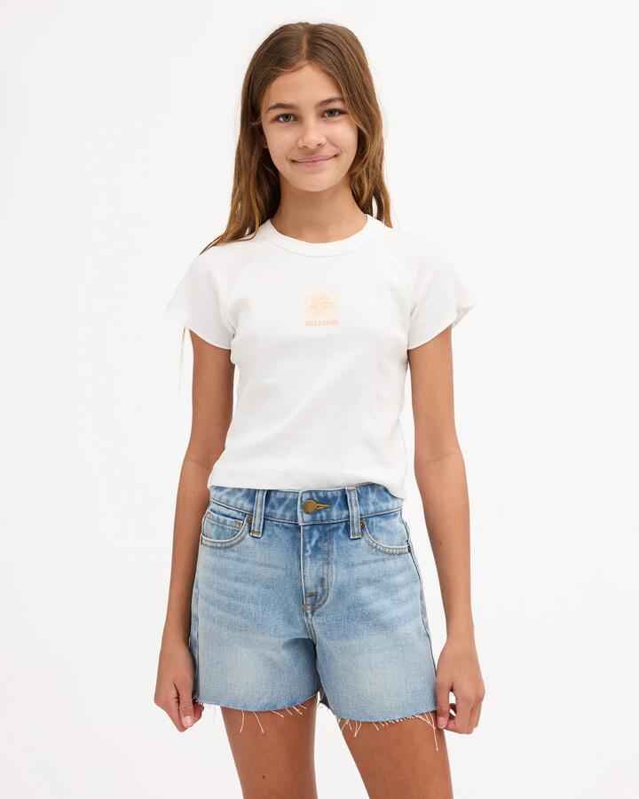 Image of a model wearing Shorts. Product name - Surf Dive 'n Ski Girls 8-16 Miley 3 Pocket Denim Walkshorts Faded Indigo Fray in Faded Indigo Fray colour by brand - Surf Dive 'n Ski