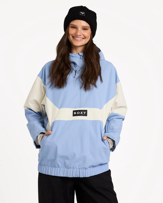 Image of a model wearing Outerwear. Product name - Roxy Womens Alpha Anorak Snow Jacket Forever Blue in Forever Blue colour by brand - Roxy