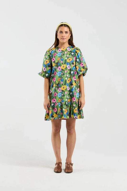 Image of Dresses. Product name - Whiz Floraburst Green Puff Sleeve Mini Dress in Green colour by brand - Thing Thing