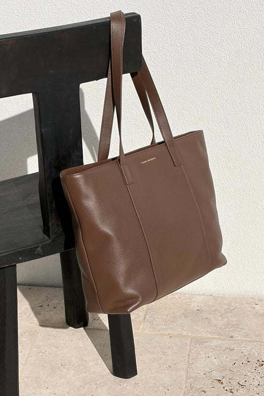 Image of Bags. Product name - Milan Chocolate Zip Leather Tote Bag in colour by brand - Among the Brave